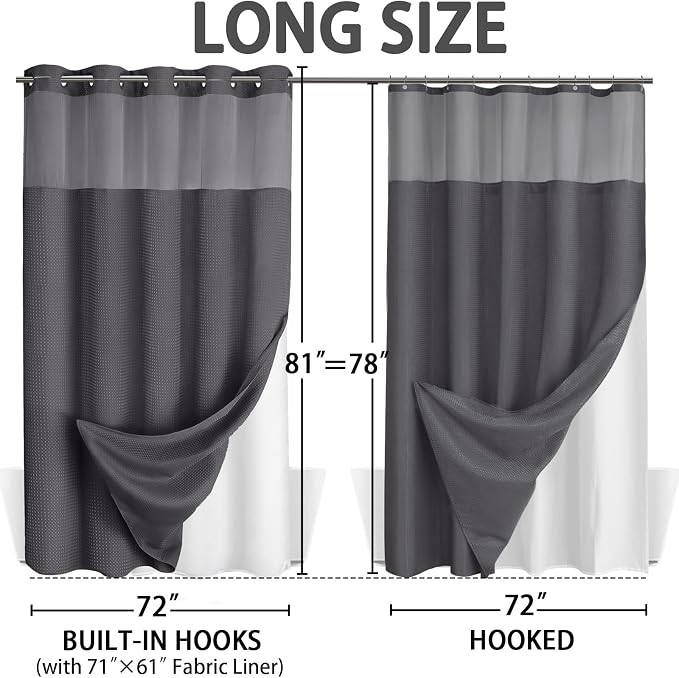 No Hook Shower Curtain with Liner Set Hotel Waffle Dark Grey 72W X 81L | Washable Snap in Fabric Liner, Mesh Top Window, Waffle Hotel Style Shower Curtain Set