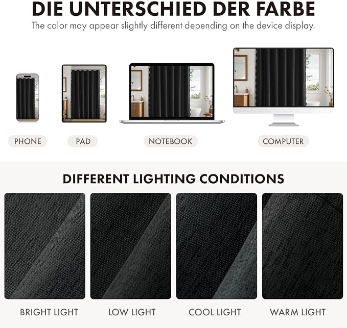 ANRODUO Black Scalloped Linen Textured Shower Curtain, W72 x L108 | Boho Farmhouse Shower Curtain with 12 Metal Hooks, Machine Washable Waterproof Heavy Duty Fabric for Bathroom Bathtub