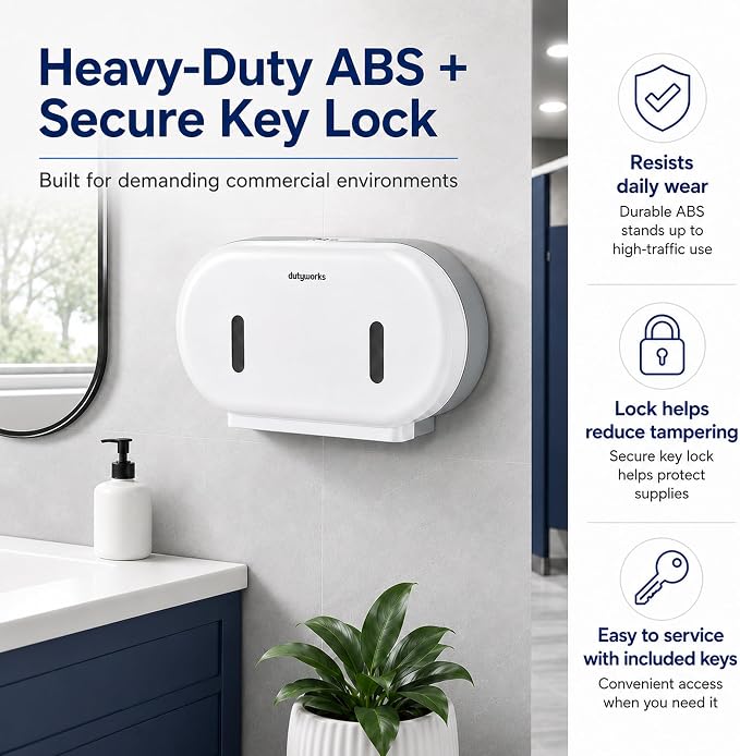 Commercial Double Roll Toilet Paper Dispenser Wall Mount | Holds Rolls up to 9 in, Lockable, Visible Window, Sliding Divider, No-Drill Installation, Heavy Duty ABS