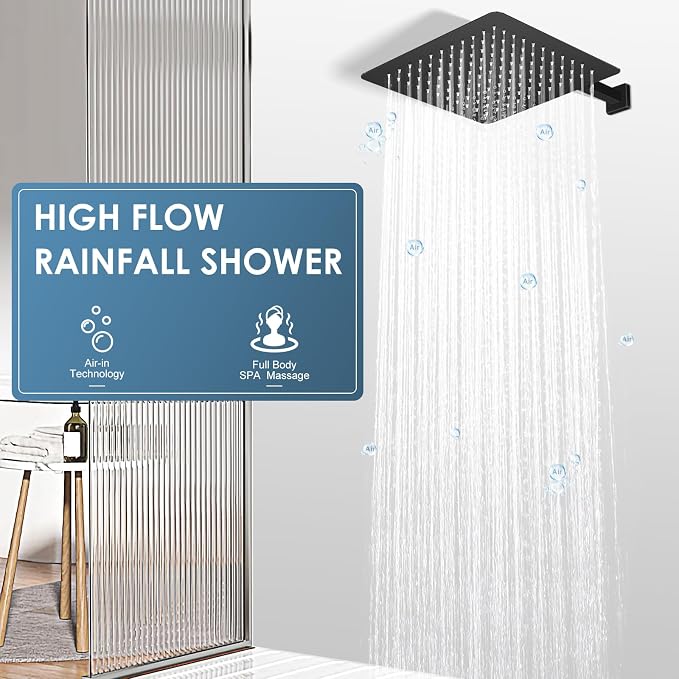 10 Inch Matte Black Rain Shower Head - All Metal Stainless Steel 304, Ultra Thin Design, Modern Bathroom Square Rainfall Showerheads - Full Body Coverage Bath Shower