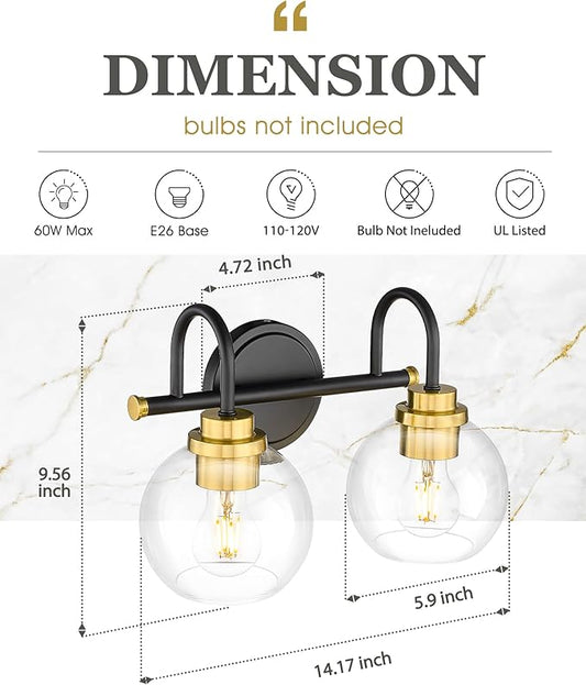 Bathroom Light Fixtures, 2-Light Black and Gold Vanity Lights with Globe Clear Glass, Modern Vanity Lighting Fixtures Over Mirror, AD-22280-2W-KG