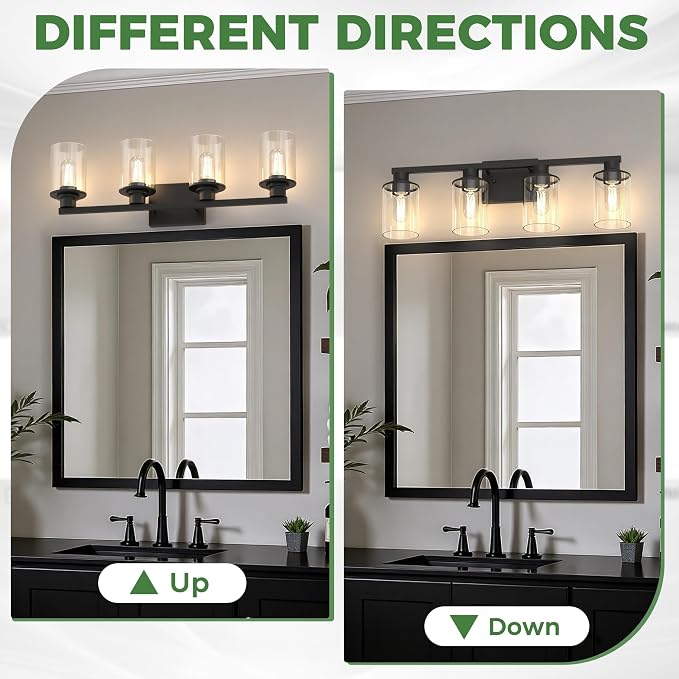 DORESshop 4-Light Black Bathroom Light Fixture Over Mirror ETL Listed | Modern Vanity Lights With Clear Glass Shade, Bathroom Wall Light, Wall Sconce for Hallway Bedroom Living Room, ETL Listed