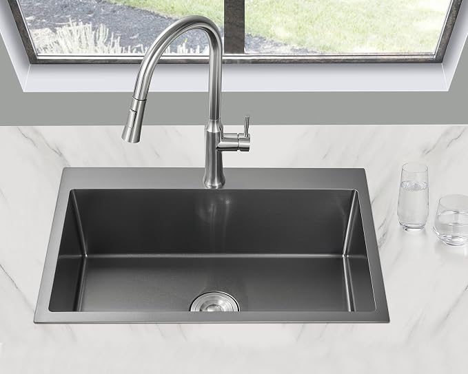 28"x18" Drop in Single Bowl Kitchen Sink SUS304 Black Steel 9" Deep | 28 inch Black Drop-in Sink | SUS304 SS | Topmount | 9" deep | Single bowl | Family Kitchen/Prep | Large Capacity