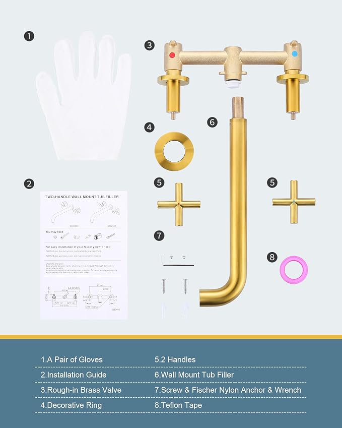 Wall Mount Tub Filler ARCORA Brushed Gold Bathtub Faucet Long Spout Reach, 2 Cross Handles Wall Mount Tub Faucet with Brass Rough in Valve Included