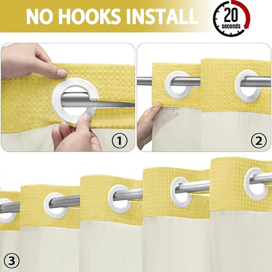 No Hook Shower Curtain with Liner Set Hotel Waffle Curtain Yellow 72W X 75L | Washable Snap in Fabric Liner, Mesh Top Window, Waffle Hotel Style Shower Curtain Set