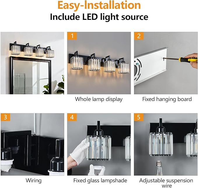 Modern Bathroom Vanity Light 4-Lights Plating Black Vanity Light Crystal Wall Light Bathroom Light Fixtures