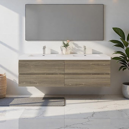72" Floating Bathroom Vanity with Sink, Modern Wall Mounted Vanity with Resin Top Basin and 4 U-Shaped Soft-Close Storage Drawers, Bathroom Storage Cabinet with Invisible Handle, Grey