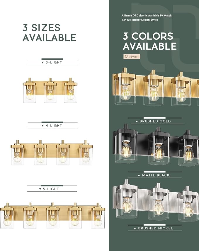 5-Light Brushed Gold Bathroom Vanity Light, Square Clear Glass Shade | Ideal for 34-46" mirrors, 30.5" modern bathroom light fixtures over mirror, E26 base, bulbs not included, VL194-BG-5