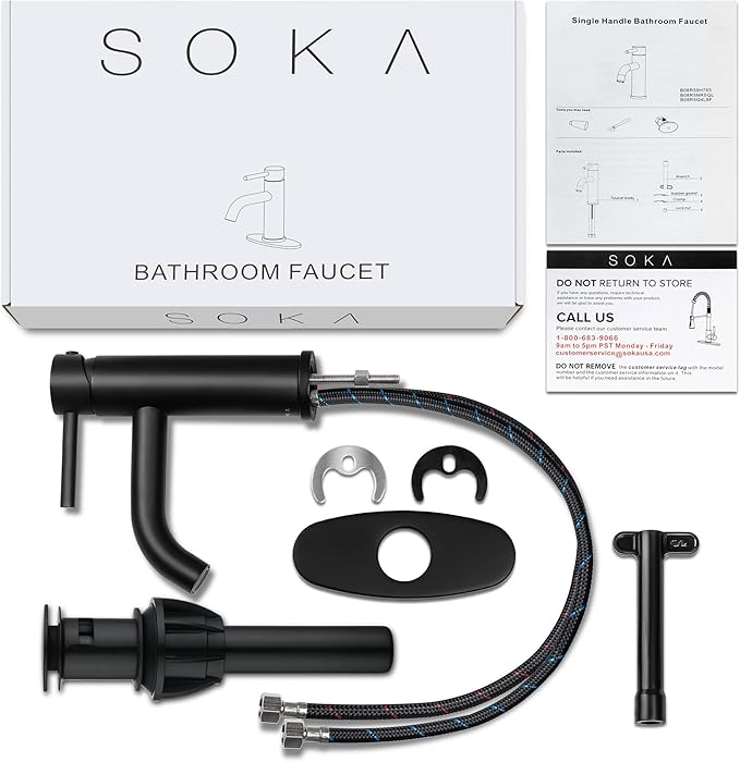 Bathroom Sink Faucet Single Handle Stainless Steel Lavatory Commercial Bathroom Faucet Bathtub Vanity Faucets with Deck Plate & Pop-Up Drain Assembly Fit for 1 & 3 Hole, Matte Black