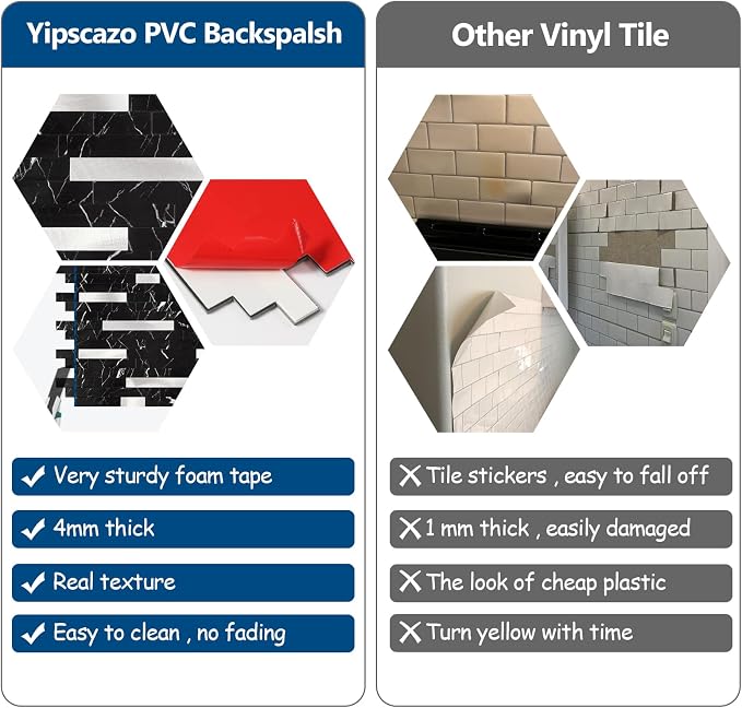 Yipscazo 20 Sheets Peel and Stick Stone Metal Tile Backsplash, Stick on Tiles for Backsplash Kitchen, Bathroom, Laundry Room, Camper, Fireplace (12'' X 12'', Pure Black)