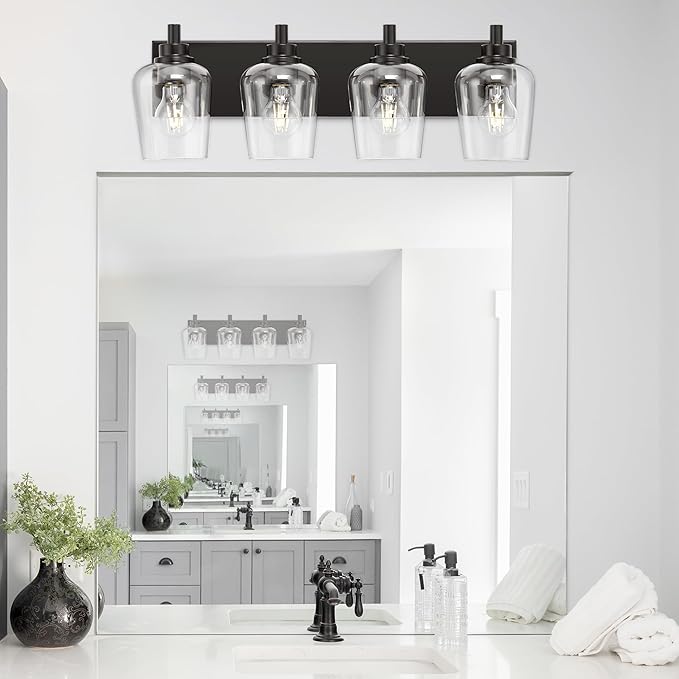 4-Light Black Bathroom Vanity Light, Wine Glass-Shaped Clear Glass | Ideal for 30-40" mirrors, 25" modern bathroom light fixtures over mirror, E26 base, bulbs not included, VL155-MB-4