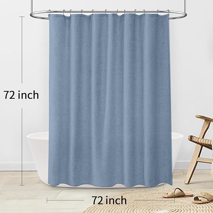 Linen Shower Curtain Flax Blue Grey, Fabric Boho Farmhouse Shower Curtains for Bathroom Cotton Natural Cloth Liner Set 72" W x 72" L