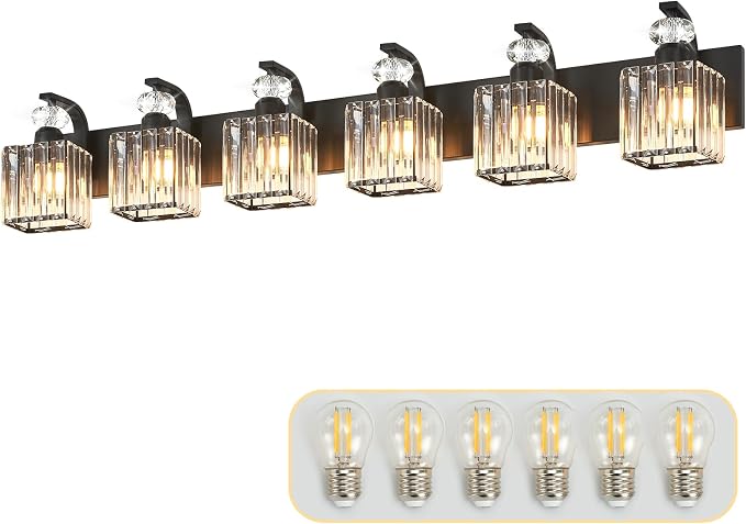 6-Light Bathroom Vanity Light Fixtures Over Mirror, Crystal Sconce | 44.1-inch Black Modern Wall Light for Bedroom Vanity Living Room Hallway, Ceramic E26 Lamp sockets, Includes 6 LED Bulbs
