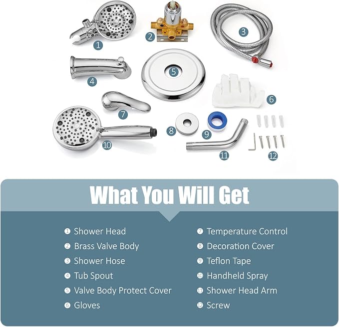 Aolemi Tub Shower Faucet Set Dual 8 Mode Head Valve Kit Polish Chrome | Valve and Trim Kit, ABS Shower Head and Handheld System, Bathroom Bath Tub Spout 6.3",SUS304,Single Handle