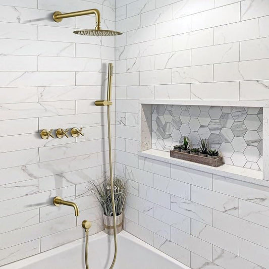 RBROHANT Brushed Gold Shower System with Tub Spout, Brass Bathtub Shower Faucet Set with 3 Way Rough-in Valve,10 Inch Round Shower Head Set with Tub Spout and Handheld, JK0299