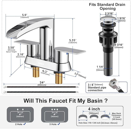 Bathroom Sink Faucet for 3 Hole, Hurran 4 Inch Bathroom Faucets with Pop-up Drain, Stainless Steel 2-Handle Waterfall Faucet for Bathroom Sink, Chrome