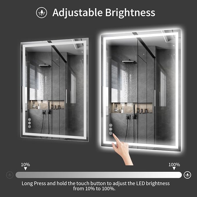 Koonmi 48x36 LED Bathroom Mirror, Shatterproof Mirror with Light | 90CRI Vanity Mirror with Anti-fog Backlit + Front Lit, 3 Color, Easy Install for Bathroom Hotel (IP65)