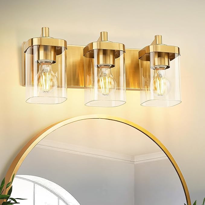 3-Light Brushed Gold Bathroom Vanity Light, Square Clear Glass Shade | 16.5" modern bathroom light fixtures over mirror, E26 base, bulbs not included, VL194-BG-3