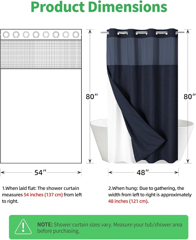 eachope No Hook Fabric Shower Curtain with Snap-in Liner,54x80 Navy Blue | Linen Texture,230GSM Thick Fabric,Hotel Luxury Decor,Mesh Window,Waterproof & Machine Washable,for Shower Stall or Bathroom