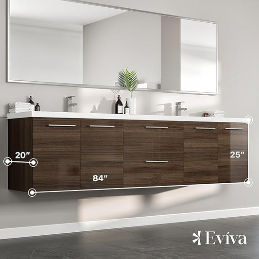 Eviva Lumina 84 in. Gray Oak Wall Mount Double Sink Bath Vanity with Acrylic Top and Integrated Sinks