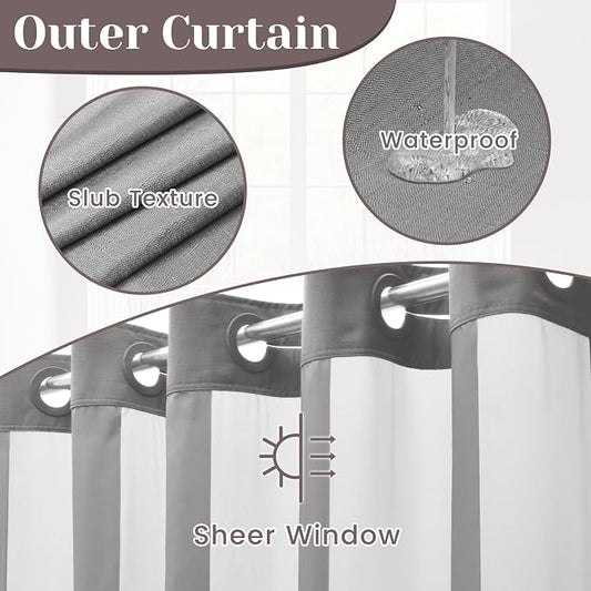SORTTO No Hook Slub Shower Curtain with Liner, 54x74, Grey | Snap in Liner, 3 in 1, Bamboo Texture, Hotel Style, Waterproof Fabric, Mesh Top Window, Corner Magnets, Machine Washable