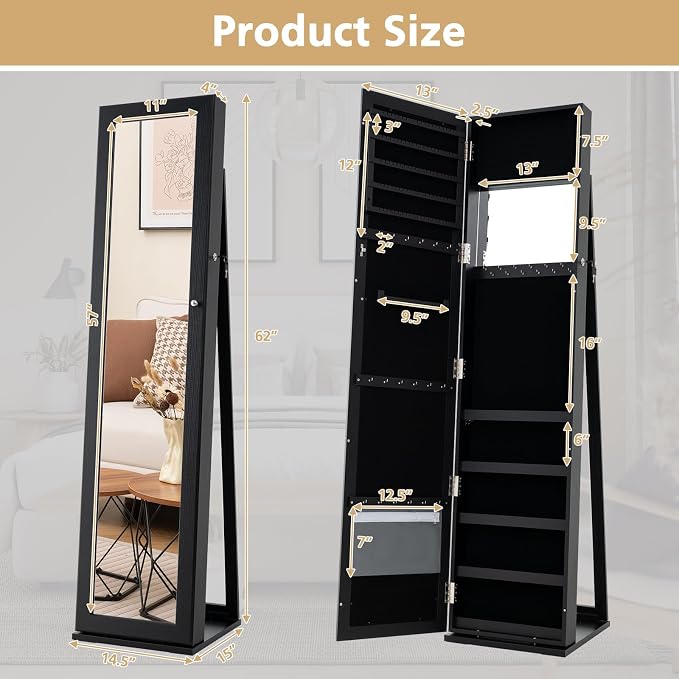 COSTWAY Standing Jewelry Cabinet, Large Capacity Jewelry Organizer w/Full-Length Mirror & Rear Storage Shelves, Lockable Mirror Jewelry Armoire with Keys for Girls Women (Black)