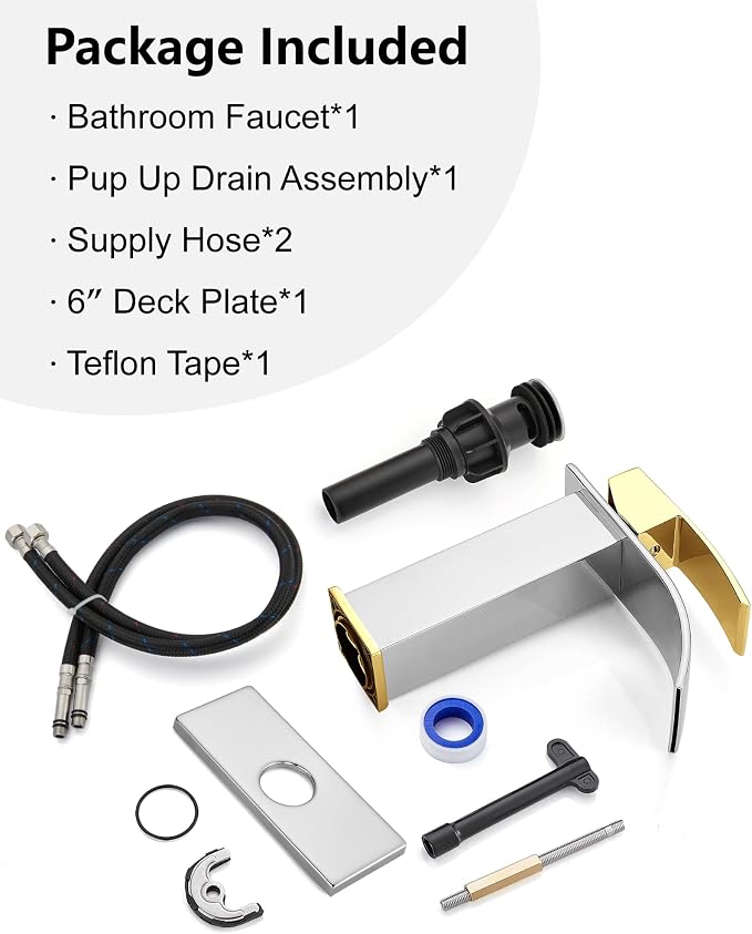 Midanya Waterfall Bathroom Faucet 1 Hole,Polish Gold Handle/Polish Chrome | with 24” Hoses,Pop Up Drain,6” Deck Plate,for 1 or 3 Hole Vanity,Lavatory,RV,Single Handle Bathroom Sink Faucet,NSF Certified