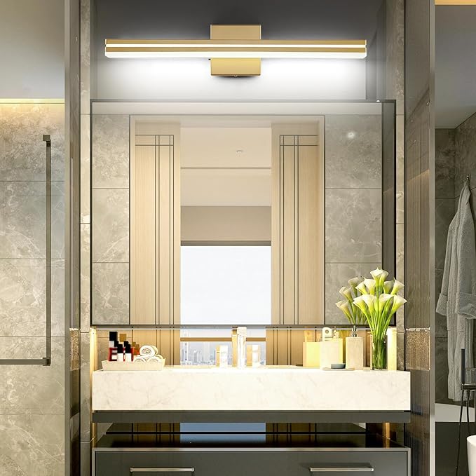 SineRise LED Modern Bathroom Vanity Light Fixtures (24-Inch, 3000K/4000K/6000K, Dimmable), Gold Modern Acrylic Bathroom Wall Lighting Fixtures Over Mirror