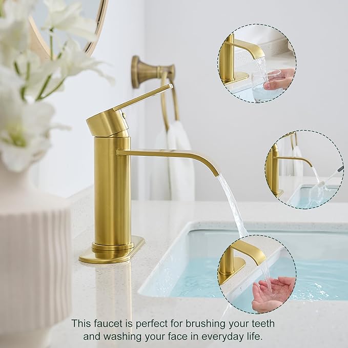 VOTON Waterfall Bathroom Faucet Brushed Gold, Single Handle 1 or 3 Hole Modern Sink Faucet with Deck Plate & Pop-Up Drain, RV Camper Vanity Washbasin Tap