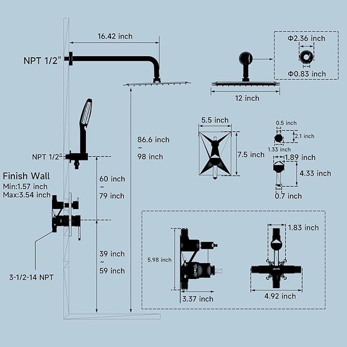 Shower Faucet Set Wall Mounted Shower head with Handheld Comb Rain System 6 Function Pressure Balance - Stainless Steel Bathroom Shower Kit Complete 12 Inch Matte Black(With Valve)