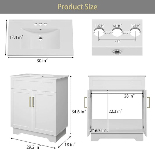 OLD CAPTAIN Bathroom Vanity with Ceramic Sink, 30" Freestanding Quick Assembly Bathroom Vanity Cabinet with Storage, White