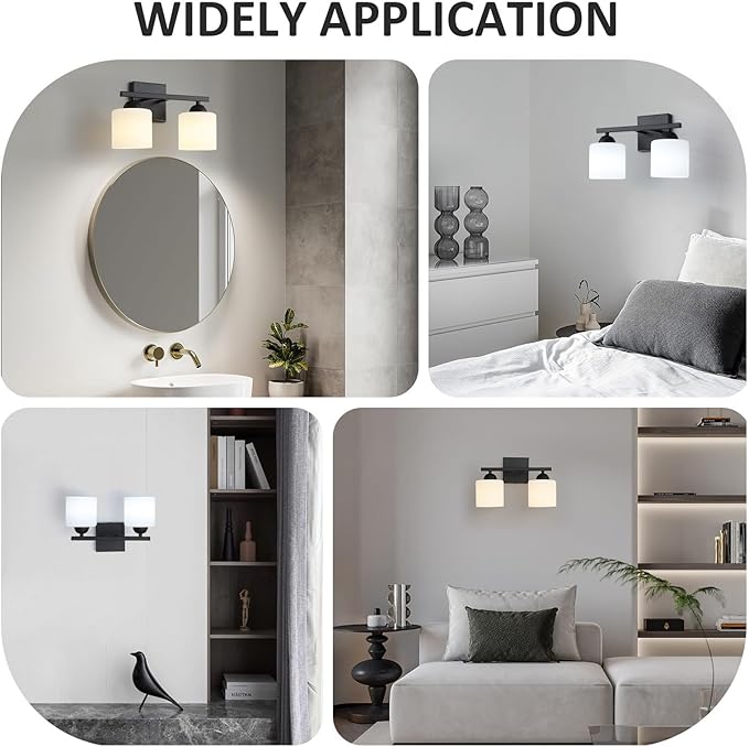 2-Light Matte Black Vanity Light, Modern Bathroom Light Fixtures Over Mirror, Vanity Light with Milky White Glass Shades, Farmhouse Black Wall Sconce, E26 Socket