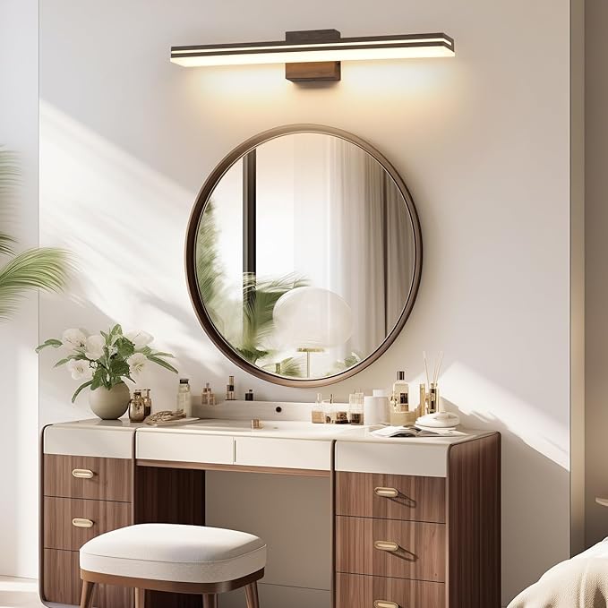 SineRise LED Modern Bathroom Vanity Light Fixtures (32-Inch, 3000K/4000K/6000K, Dimmable), Brown Wood Painted Modern Acrylic Bathroom Wall Lighting Fixtures Over Mirror