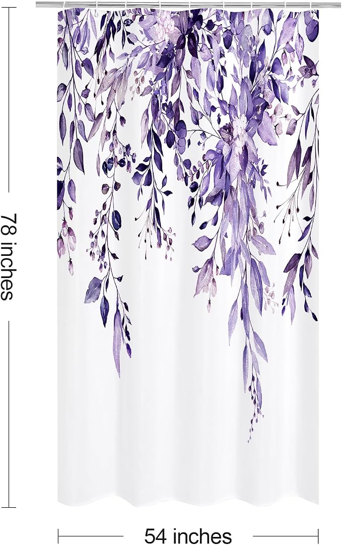 Purple Eucalyptus Shower Curtain, Watercolor Floral Print, 54x78 | Watercolor Plant Leaves Floral Print, Waterproof Fabric Bathroom Decor, Machine Washable, Rustproof Grommets