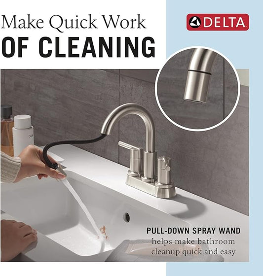 Delta Nicoli Centerset Brushed Nickel Bathroom Faucet with Sprayer, 4 Inch 3 Hole Bathroom Sink Faucet with Pull Out Sprayer, Push-Pop Drain, Stainless 25749LF-SSPD