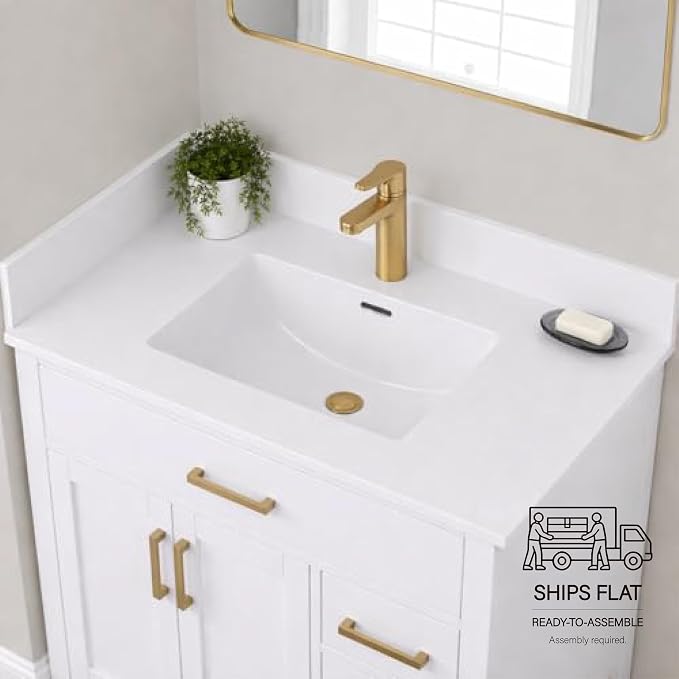 31" Bathroom Vanity Top with Integrated Sink – Solid Surface Resin Streamline Countertop, Single Faucet Hole, Built-in Overflow, Easy-to-Clean Matte White Finish, 31" W x 22" D