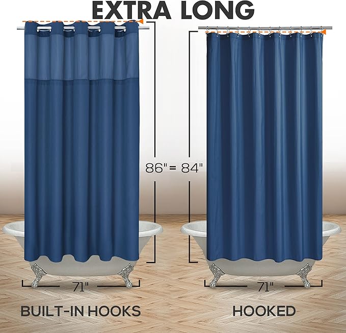 River Dream Extra Long No Hook Shower Curtain with Snap-in Liner, Navy | 71W x 86H, Snap on/off Waterproof PEVA Liner, See Through Top Window, Slub Textured, XL Hotel Style Shower Curtain Set