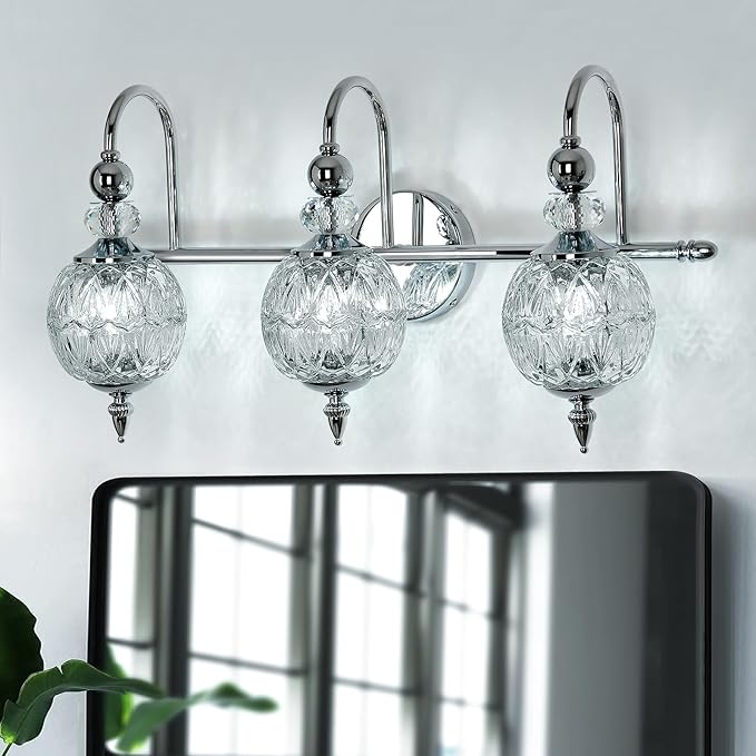 Modern Bathroom Light Fixtures Polished Chrome Vanity Light with Glass Globe LampShade 3 Lights Mid Century G9 Bulb Wall Sconce Indoor Vanity Light Over Mirror for Bedroom Kitchen Hallway