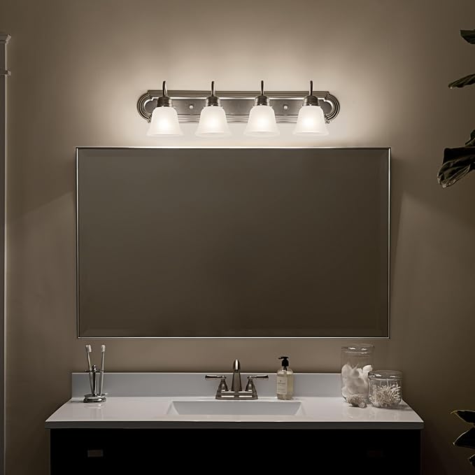 Kichler 4-Light Bathroom Vanity Light, Brushed Nickel | Clear satin etched glass vanity light for bathroom mirrors (30" x 8"), 5338NIS