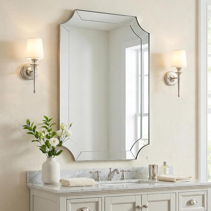 Brushed Nickel Mirror, 24x40 Inch Scalloped Bathroom Mirror, Modern Rectangle Mirror with Unique Notched Design, Ideal for Home Decor, Rust-Proof Stainless Steel 1" Frame
