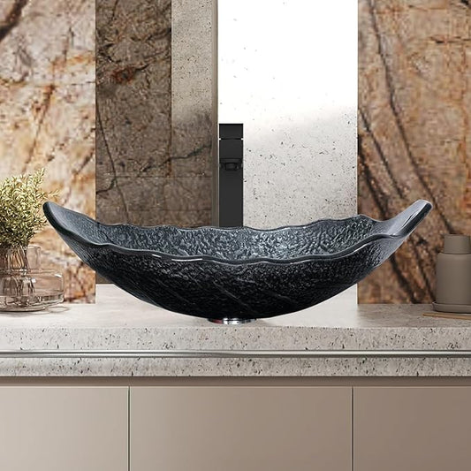 Bathroom Leaf Shape Artistic Glass Vessel Sink, Silver | Black Faucet Pop-up Drain Set