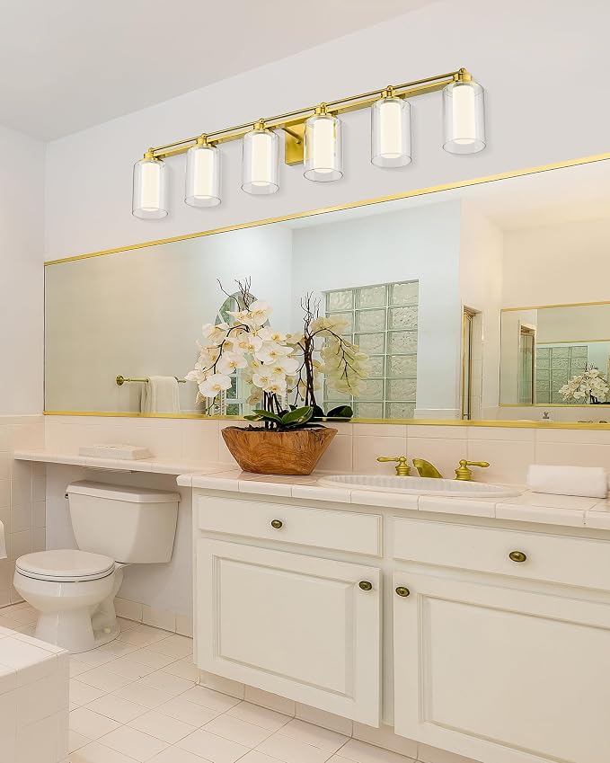 HWH Bathroom Vanity Light Fixtures 6-Light, Brushed Gold, 5HLT63B-6W-LED BG | Dimmable, 5CCT, 36W, Vanity Light Over Mirror, Brass Wall Vanity Lights, Bathroom Light, Metal Fixture Body, For Hallway