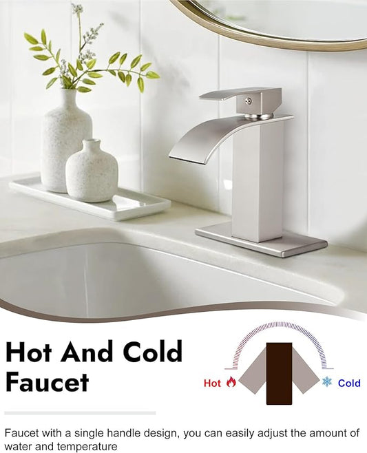 Midanya Waterfall Spout Bathroom Faucet Single Handle 1 Hole Bathroom Sink Faucet,Modern RV Lavatory Vanity Basin Tap with Water Hose,No Drain,Short Body,Brushed Nickel