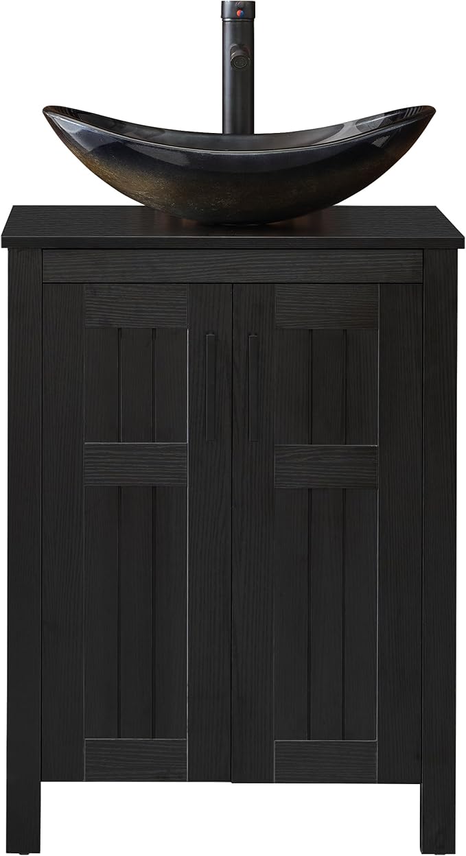 UEV Black 24" Bathroom Vanity with Sink Combo,Modern Freestanding Sink Cabinet,Stylish Bathroom Vanity Cabinet,Grooved Double Doors,Metal Handles,Champagne Boat Tempered Glass Vessel Sink(029CH)