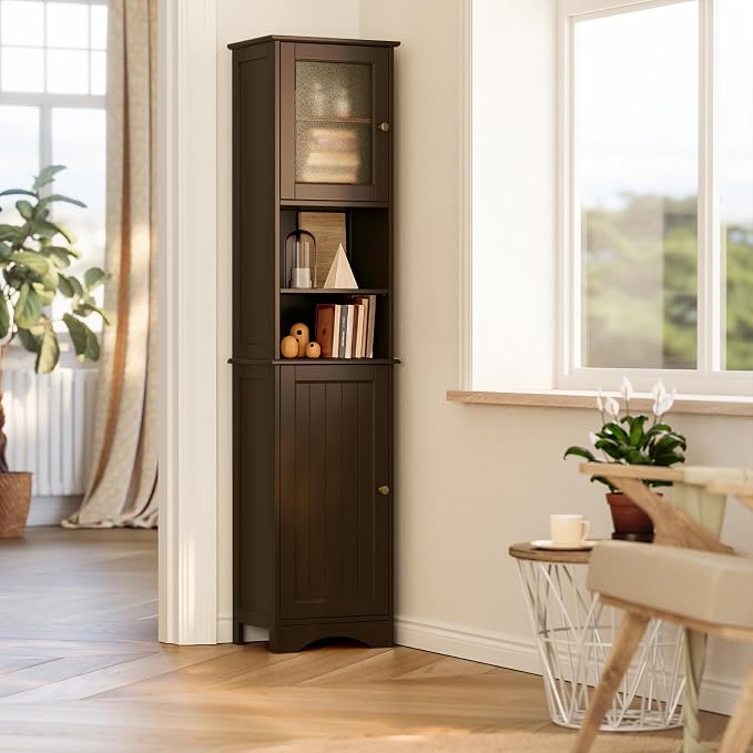 Gizoon Tall Bathroom Storage Cabinet | Freestanding Linen Cabinet with Two-Way Doors, Adjustable Shelves, for Home, Kitchen, Living Room, Dark Brown