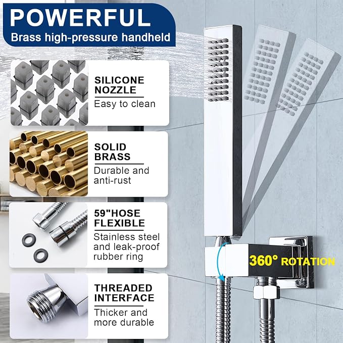 Dual Shower Heads Shower System with 16" Ceiling Mounted Rain Shower Head & 6" Wall Mounted Head Full Body Shower System 3 Way Thermostatic Shower Valve, Polished Chrome