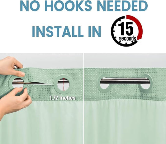 EUTXL Heavyweight No Hook Shower Curtain with Liner, Mint Green,71x86 | Snap in Liner, 256GSM Thick Waffle Fabric, Hotel Luxury Spa, Corner Magnets, Quick Dry, Waterproof & Washable, Extra Long
