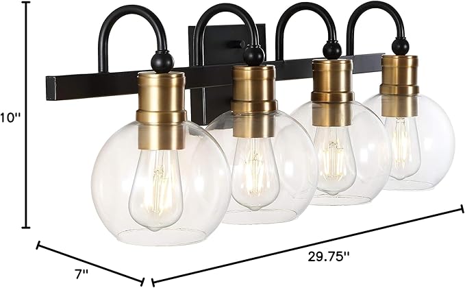 JONATHAN Y 29.75" Black/Brass Gold Vintage Wall Sconce, LED Vanity Light for Bathroom Bedroom Entryway, Clear Glass Globe Shade, Modern Industrial Arched Lamp, LED Bulb Included (JYL3529A)