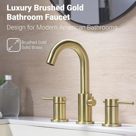 Bathroom Faucet 3 Hole Brushed Gold - Flow-Setting 8 Inch Widespread Bathroom Sink Faucet with 360° Swivel Spout for Small Vanity, with Overflow Pop Up Drain and cUPC Waterlines