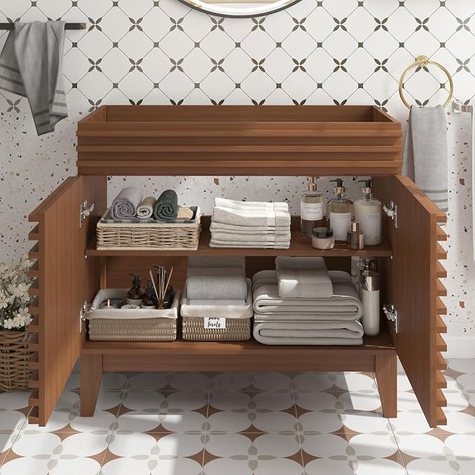 36 Inch Bathroom Vanity Base Cabinet, Walnut Freestanding Bathroom Storage Cabinet Base Only, Modern Wood Grain Vanity Cabinet with Solid Wood Legs and Soft Close Doors, Sink Not Included